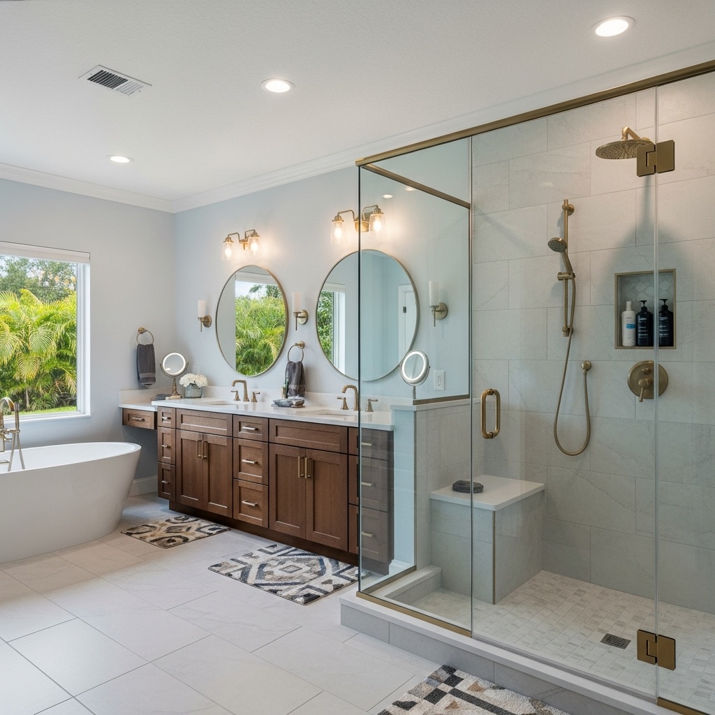 Primary bathroom renovation with glass shower and double vanity