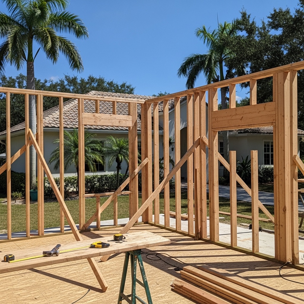 Room addition framing in progress beside a Florida home