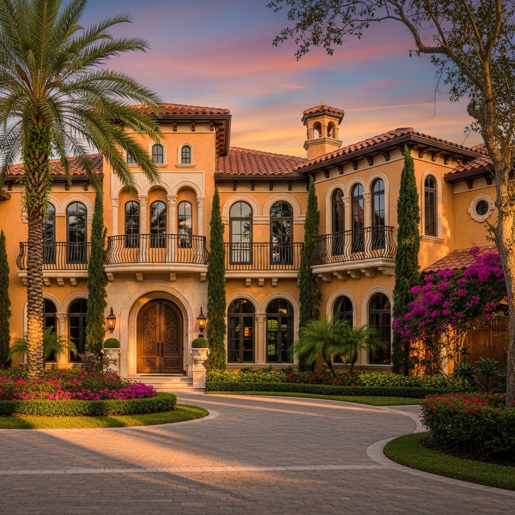 Custom home exterior with warm lighting and finished details